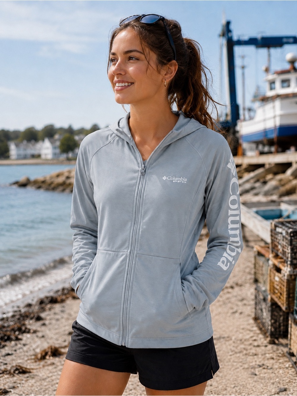 Columbia Light Gray Women's Hooded Full-Zip Sweatshirt-beach-camp-hike-boating
